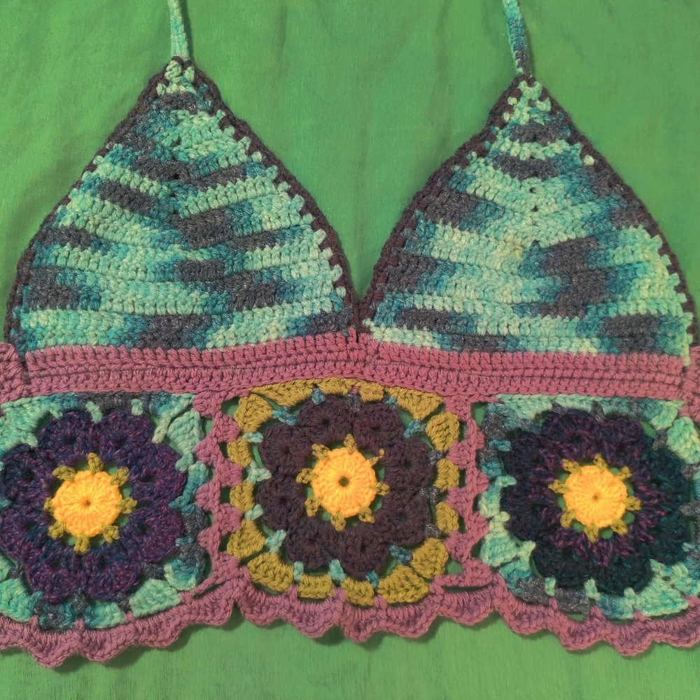 Handmade Crochet Halter Top with Blue and Purple Flowers - Picture 4 of 4